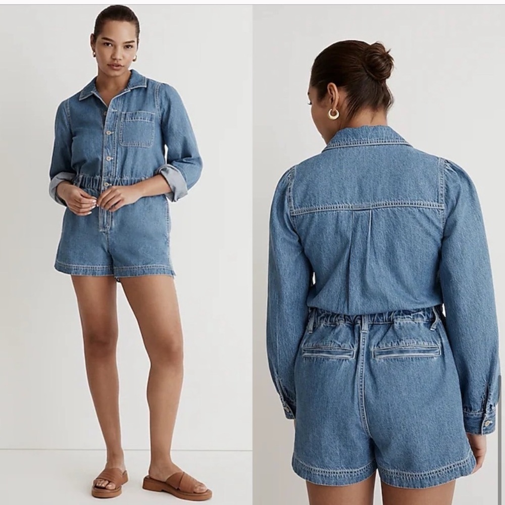 Madewell Denim Long-Sleeve Romper in Rushland Wash XXS